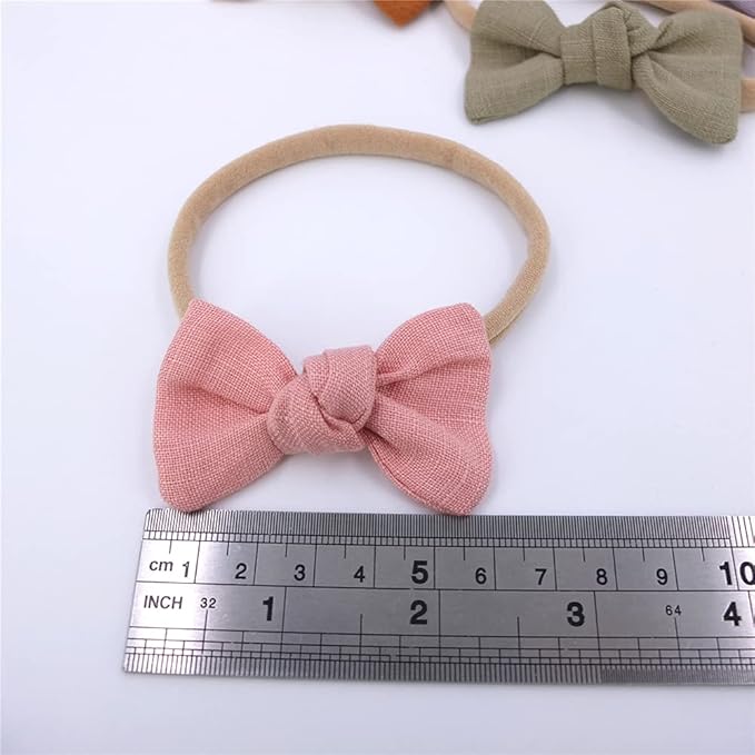Sugarmelon Linen Bow Nylon Headband for Baby Toddler Newborn Infant Hair Bow Elastic Bands for Baby Girls Little Kids Headbands (Linen Mini bow 2.5'')