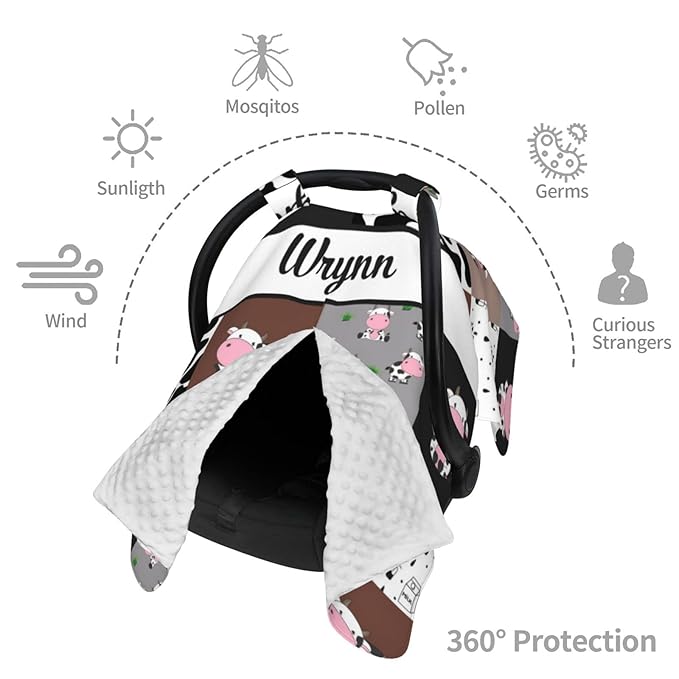 Personalized Baby Car Seat Canopy for Babies, Custom Name Car Seat Covers for Boys and Girls, Opening Minky Nursing Breastfeeding Cover for Infant, Carseat Canopies for Newborn (Cute Cow)