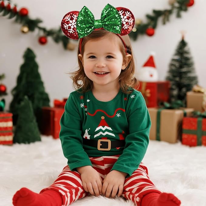 Christmas Red&Green Bow Adjustable Mouse Ears Headband, Elastic Hair Bow Hairband for Infant Toddlers Teens Baby Girls