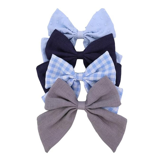 4 PCS Sailor Bow Hair Clips for Kids Girls Women Linen cotton Hair Bow Alligator Clips Baby Toddler Girl Mom Hair Accessories (Blue/Grey)