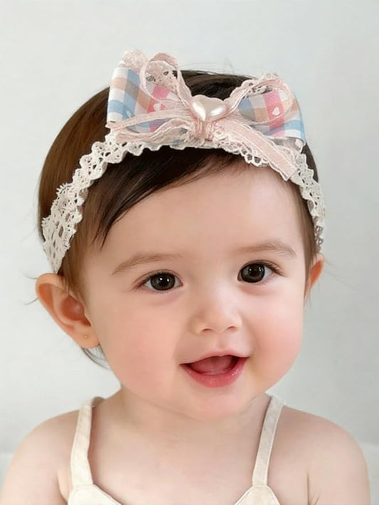 Baby Girls Hairbands Bow Lace Headband Handmade Soft Stretchy Pink Bowknot Hairbands Newborn Hairband with Bows Elastic Hair Bands for Kids Infant(Pink Blue Heart Bow