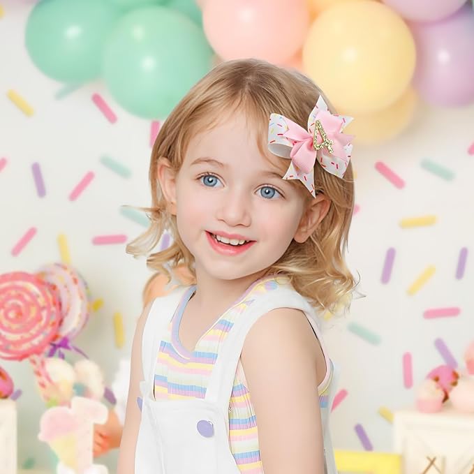 YanJie 1pcs 4'' Baby Hair Bow for 4 Years Old 4th Birthday Outfit Girl Birthday Decorations for Girl Glitter Infants Hair Clips Accessories with Bows