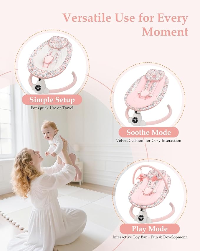 Baby Swing for Infants, Electric Baby Swing with Bluetooth, Portable Infant Swing with 5 Speeds, 10 Lullabies, 5-Point Harness & Remote Control, for Newborns Infants Indoor Outdoor Use (Pink)