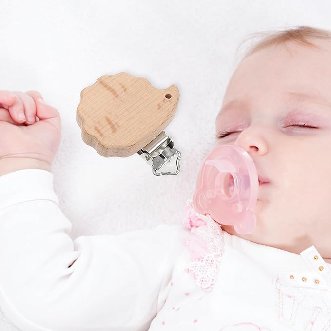 Garneck 6Pcs Natural Wood Suspender Pacifier Clips Cute Beech Wooden Animal Shape Clips Charm DIY Beading Pacifier Chain Accessory (Mixed Style)