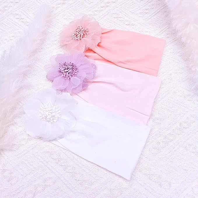 Large Flower Elastic headband for Baby Girl Infant Soft Fabric Chiffon Floral Hairband Toddler Newborn Christening Baptism Hair Accessories (Flower 2 - White, Elastic)