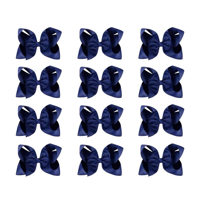 DEEKA 12 PCS 6" Big Hand-made Grosgrain Ribbon Hair Bow Alligator Clips Hair Accessories for Little Teen Toddler Girls - Navy Blue