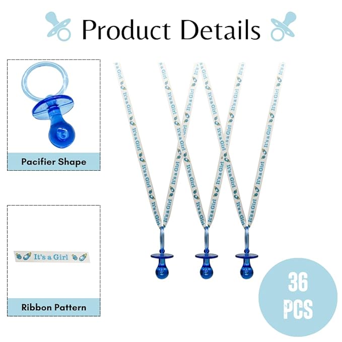 36 Pieces It's a Girl Baby Shower Pacifiers Necklace Acrylic Baby Party Favors Charm Pacifiers Necklace Grosgrain Ribbon Party Decorations Table Scatter (Royal Blue)