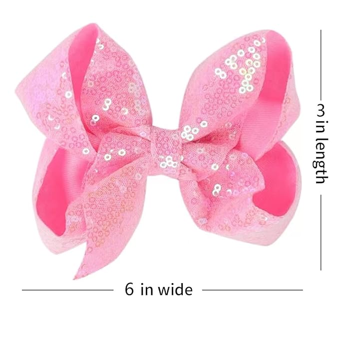 6 Inch Pink Sparkly Glitter Sequin Hair Bows for Girls Toddlers Kids Children Teenage (2PCS)