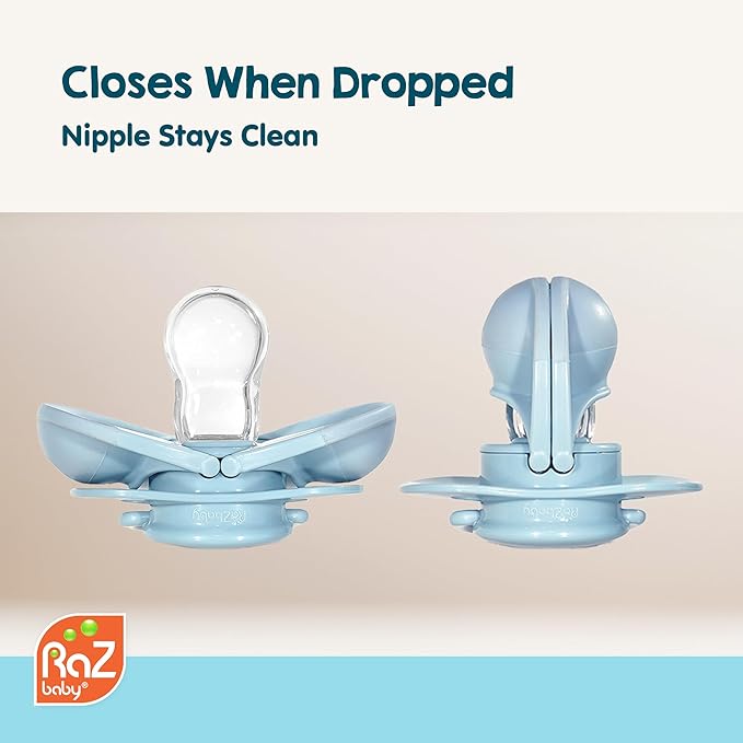 RaZbaby Keep-It-Kleen Baby Pacifier 2-Pack Closes When Dropped - BPA-Free Silicone Orthodontic Nipple, Ideal for Travel, Nipple Stays Clean, 0-36 Months - Dragon/Puppy - Personalized