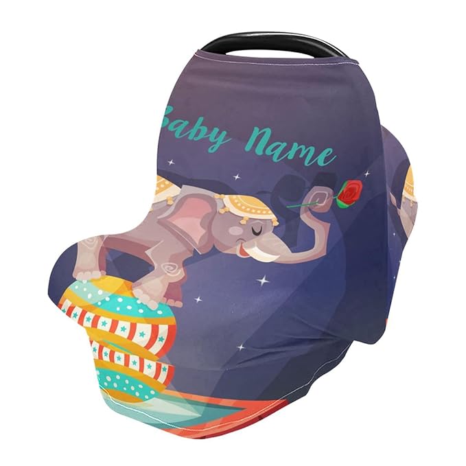 Personalized Baby Car Seat Cover for Babies, Custom Name Baby Car Seats Canopy for Boys Girls, Elephant Nursing Breastfeeding Stroller Covers for Infant Newborn, Shower Gift for Baby