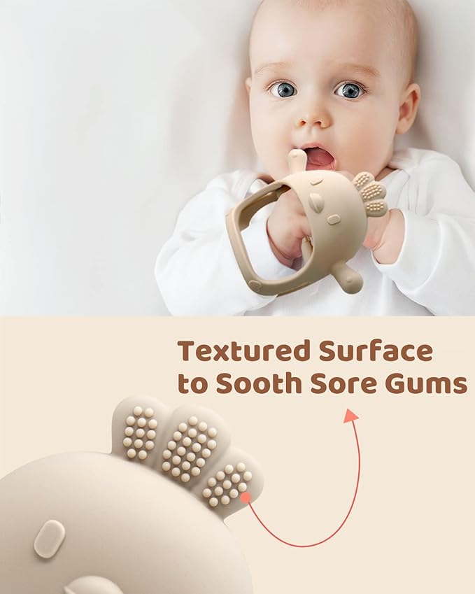 3 Pack Baby Teething Toy Silicone Teething Mitten for Babies Over 3 Months Anti Dropping Wrist Hand Teethers Baby Chew Toys for Sucking Needs, BPA Free (Olive, Caramel & Blue)