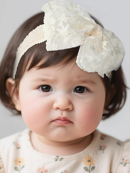 Baby Girls Hairband White Bow Lace Headbands Handmade Soft Stretchy Bowknot Hairbands Newborn Headband with Bows Pearls Elastic Head Band for Newborn Infant(Beige Embroidered Bow)