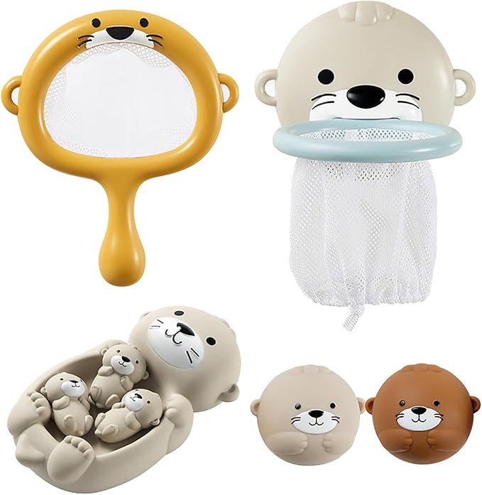 Otter Bath Toy, Otter Family Tub Toy Bathtub Floating Toy for Kids - Soft Vinyl and ABS Plastic Material - No Hole One-Piece Design (Otter Playset + Baketball Hoop + Fishing Net + 2 Balls)