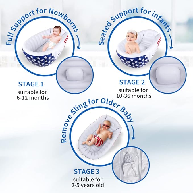 | Inflatable Baby Bathtub,Newborn Bathtub Seat for Infant,Non-Slip Baby Pool for Sitting up,Foldable Toddler Tub Shower,Portable Travel Bath for Kids 0-6 Year (White, Animal Print)