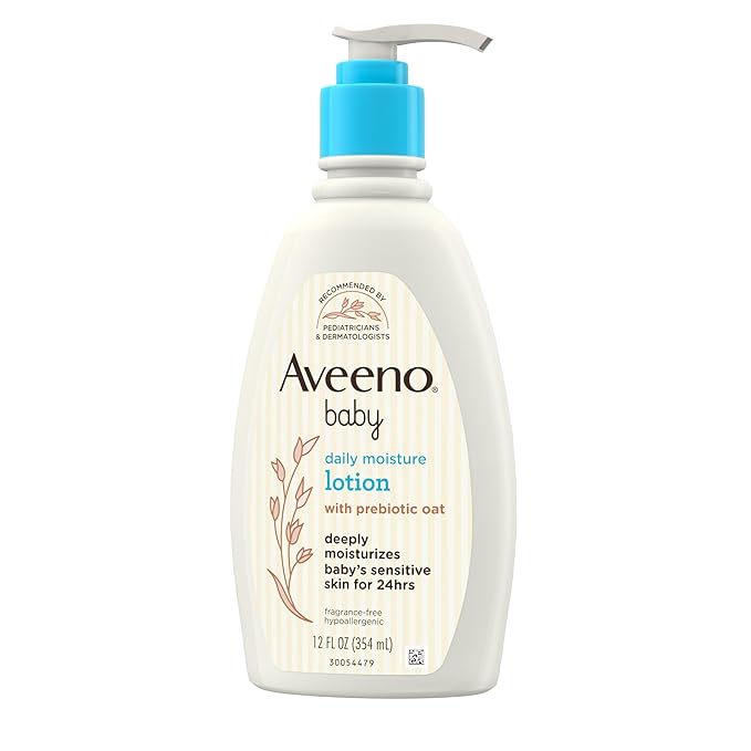Aveeno Baby Daily Moisture Body Lotion for Sensitive Skin, Hypoallergenic Moisturizing Baby Lotion with Nourishing Oatmeal to Deeply Moisturize Baby's Skin, Fragrance-Free, 12 fl. oz