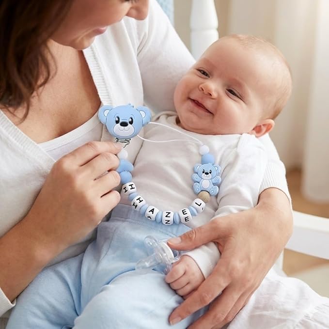 Handmade Pacifier Clip for Boy Silicone Bear Clip Pacifier Holder for Baby Boys and Girls Birthday Gift