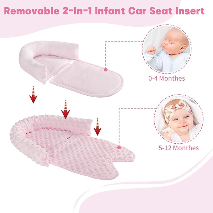 Infant Car Seat Insert, Baby Car Seat Head & Body Support with 2 Straps Pads, Ultra Soft Newborn Preemie Carseat Insert Cushion for Girls Boys, Fits Car Seat, Stroller, Swing, Bouncer, Pink