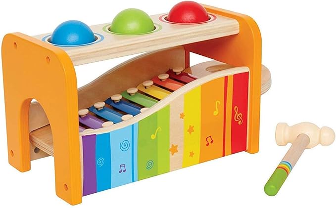Hape Country Critters Wooden Activity Play Cube Pound & Tap Bench with Slide Out Xylophone - Award Winning Durable Wooden Musical Pounding Toy Multifunctional and Bright Colours, Yellow