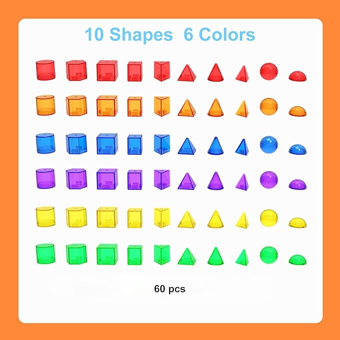 EXBEPE 3D Geometric Solids 60 Pcs for Kids Translucent Geometric Shapes for Geometry Beginnings,Light Table Manipulatives Toy Math Helper School Supplies