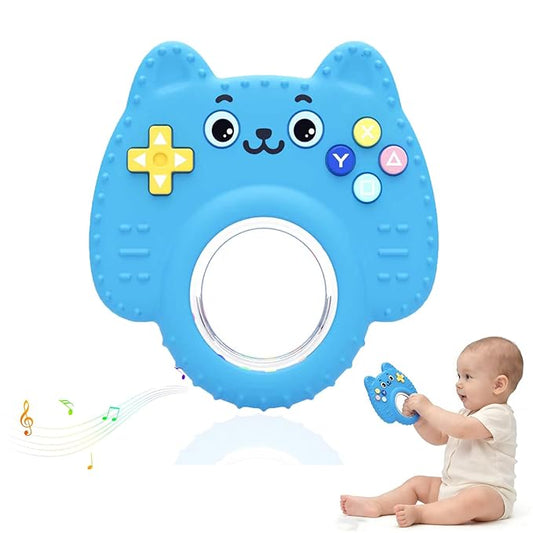HAILI XMGQ Teething Toys for Baby, Sensory Baby Chew Toy, Rattle Ring Teether Toys for Babies 0-3-6-12 Months, Silicone TV Remote Control Shape for New Baby Gift (Blue)