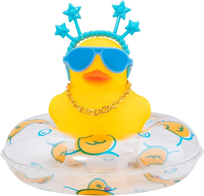 wonuu Car Duck Rubber Duck Car Ornaments Duck Car Dashboard Decorations with Cute Headband Swim Ring Necklace Sunglasses, B-Blue Star Headband-Transparent
