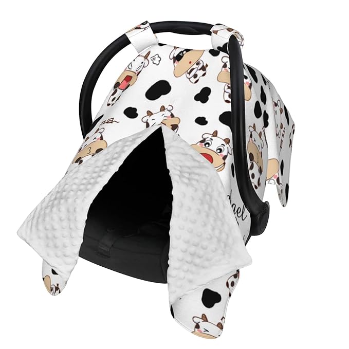 Personalized Cute Cow and Cow Spot Baby Infant Car Seats Canopy for Babies with Name, Custom Car Seat Covers for Baby Boys Girls, Peekaboo Minky Nursing Breastfeeding Stroller Canopies for Newborn