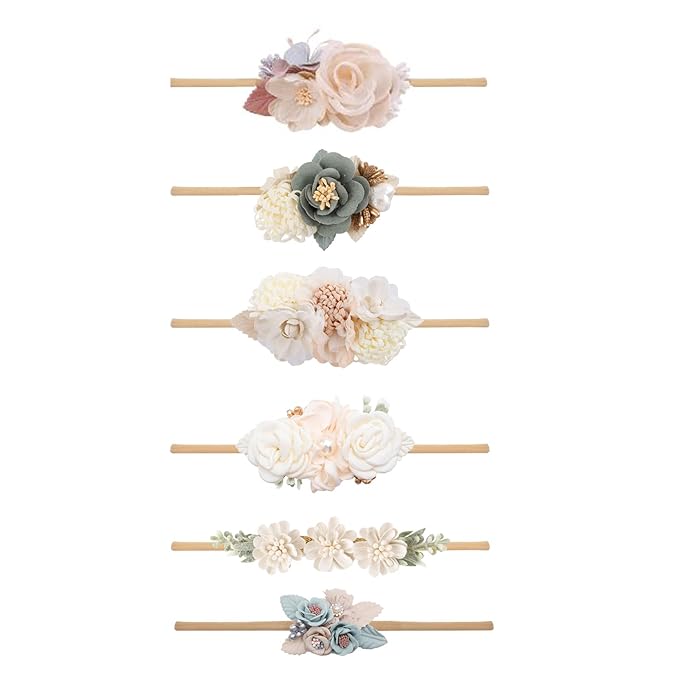 Baby Girl Flower Headband 6 PCS Elastic Hairbands Handmade Nylon Bows Headbands Chic Floral Hair Accessories Kids Gifts for Newborn Infant Toddlers