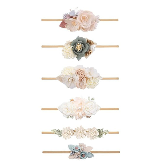 Baby Girl Flower Headband 6 PCS Elastic Hairbands Handmade Nylon Bows Headbands Chic Floral Hair Accessories Kids Gifts for Newborn Infant Toddlers