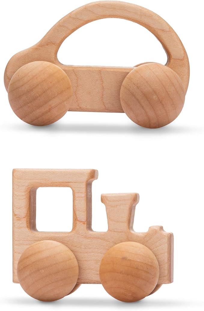 Promise Babe Wooden Rattle Push Car Toys Set - Infant Wooden Rattles, Hand Push Cars, Montessori Natural Wood Toys for Newborn