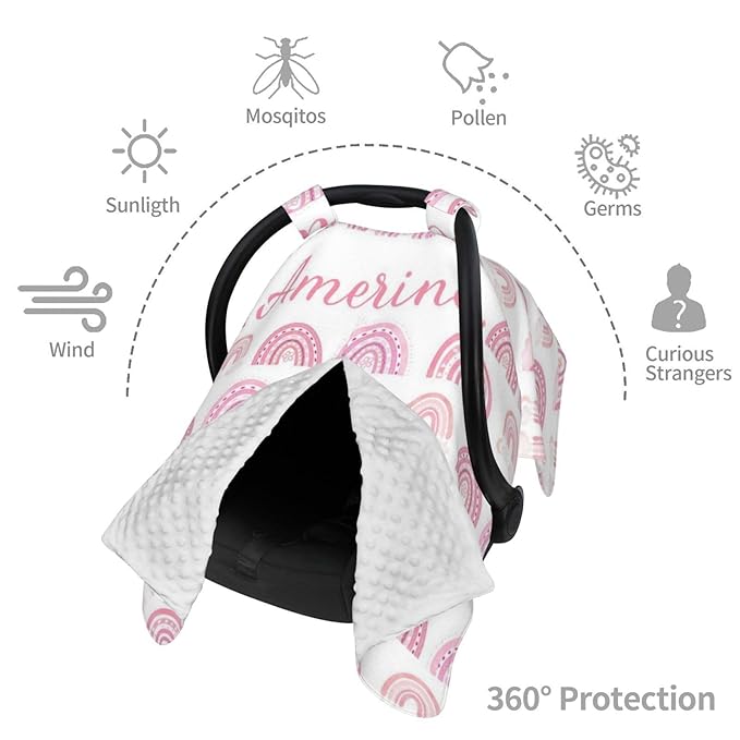 Personalized Rainbow Baby Car Seat Canopy for Girls, Custom Name Baby Carseats Cover, Multi-use Nursing Covers Breastfeeding Scarf for Infant Newborn, Strollers Carseat Canopies