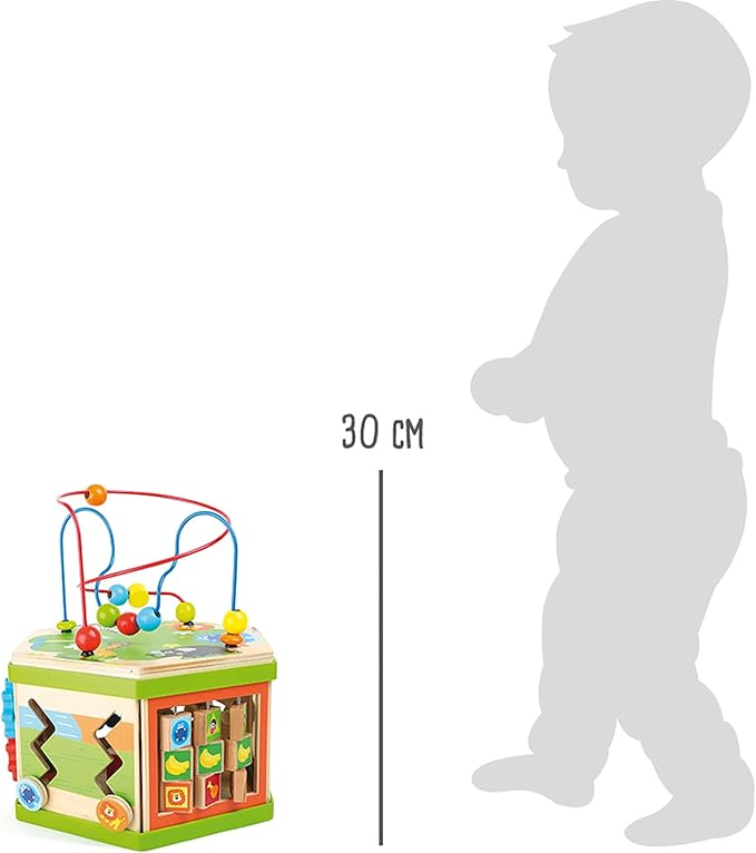 Small Foot Wooden Toys Safari Theme 12" Activity Cube Center 7-Sided Designed for Motor Skills Training Designed for Children 12+ Months, Multi