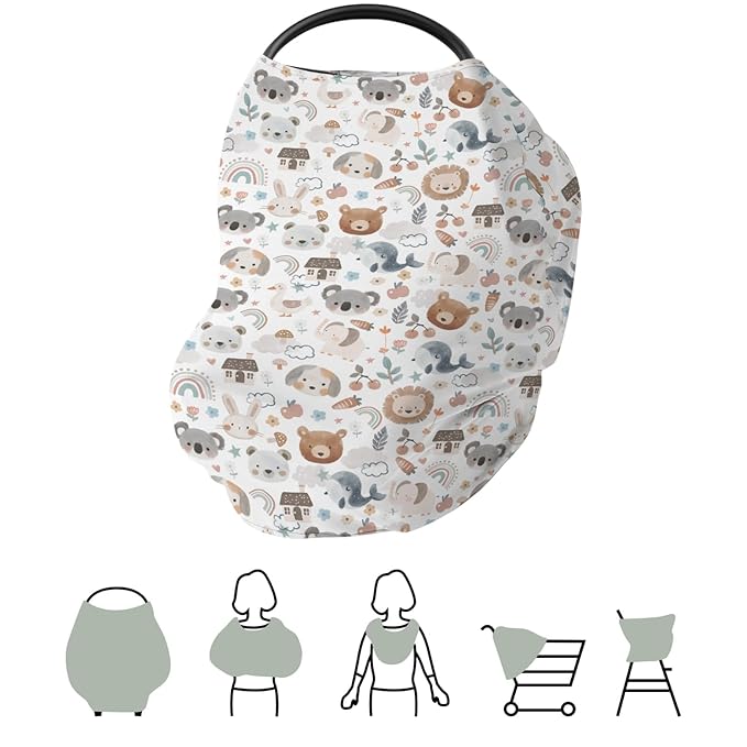 Boho Cute Watercolor Animals Baby Car Seat Covers Bear Lion Koala Bunny Whale Rainbow Floral Stretchy 5-in-1 Cover Adjustable Infant Carseat Canopy Cover Neutral Animal Breathable Nursing Cover-Up