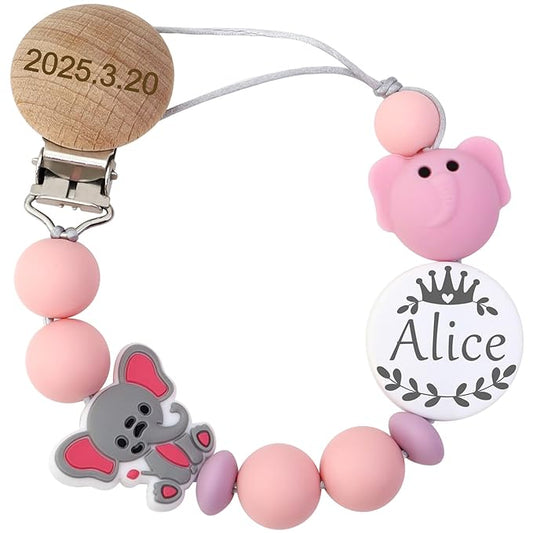 Personalized Pacifier Clip with Name, Custom Animal Pacifier Clips for Boy Girl, Personalized Custom Baby Gifts for Newborn (Elephant-Pink)