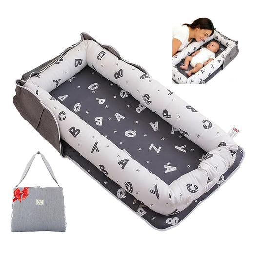 Baby Lounger for Newborn Portable Bag,Baby Nest Play Gym mat with Strap,Newborn Lounger Adjustable Size & Inner Zipper Lengthen Space to 24 Months(Letter Gray)