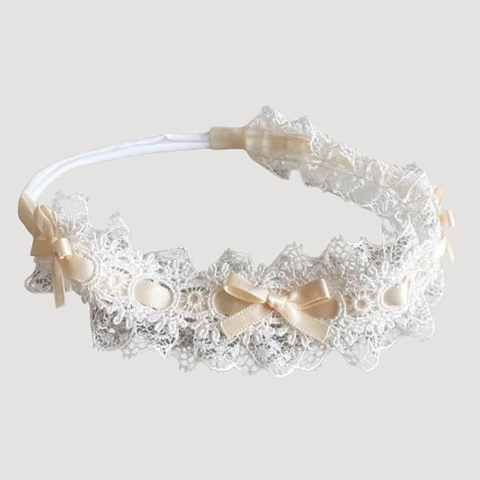 Baby Girls Hairband White Bow Lace Headbands Handmade Soft Stretchy Bowknot Hairbands Newborn Headband with Bows Pearls Elastic Head Band for Newborn Infant(Lace Beige Bow)