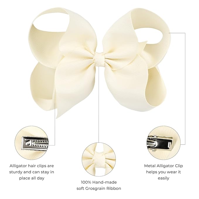 DEEKA 2 PCS 6" Big Hand-made Grosgrain Ribbon Solid Color Hair Bows Alligator Clips Hair Accessories for Little Teen Toddler Girls Kids Set of 2 -Ivory
