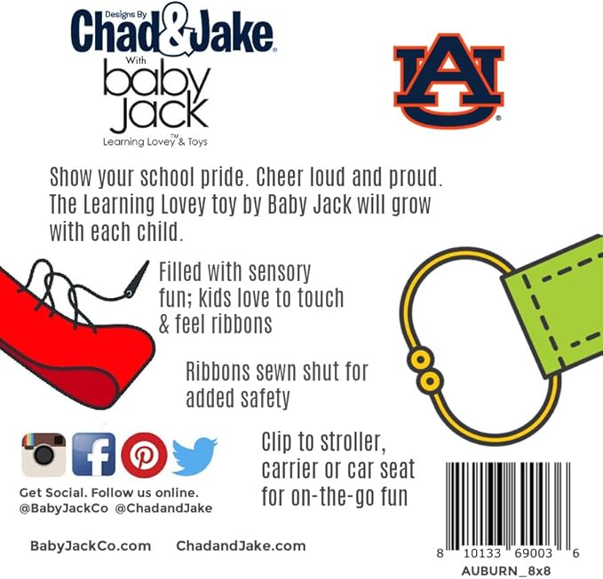 The Learning Lovey Auburn University Baby Tag Toy - College Football Basketball - Sensory Crinkle Toys - Soft & Safe - Ideal Stroller Toy - BPA Free w/Stroller Clip
