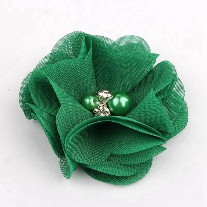 50 Pcs 2" Mini Chiffon Flowers with Rhinestones for Baby Girls Hair Accessories Artificial Fabric Flowers for Headbands Craft Projects (Green)