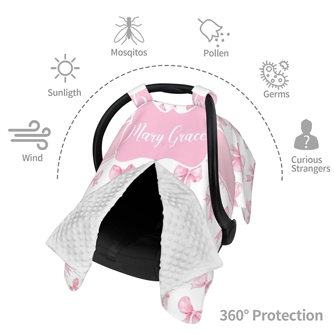 Personalized Baby Girl Car Seat Canopy for Babies, Custom Name Baby Car Seats Cover for Girls, Pink Bow Opening Minky Nursing Breastfeeding Covers for Infant, Carseat Canopies for Newborn