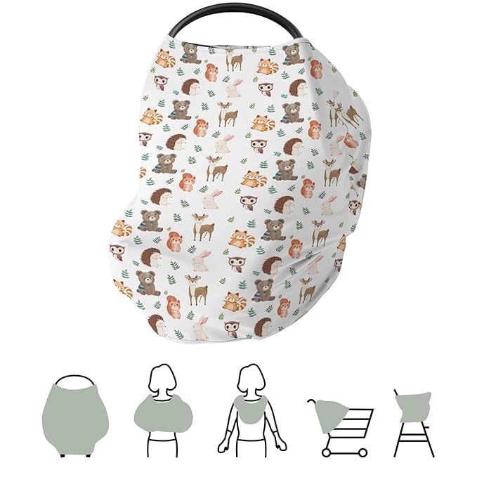 Cute Forest Animals Leaves Baby Car Seat Covers Bear Deer Raccoon Squirrel Bunny Hedgehog Owl Stretchy 5-in-1 Cover Adjustable Car Canopy Cover Wildlife Breathable Nursing Cover-Up