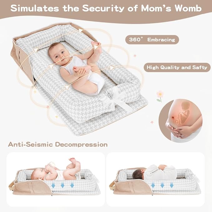 Baby Lounger for Newborn, Portable Breathable Baby Nest Infant Lounger Adjustable U-Shaped Safety Bumper for Cozy Comfort - Grey Houndstooth