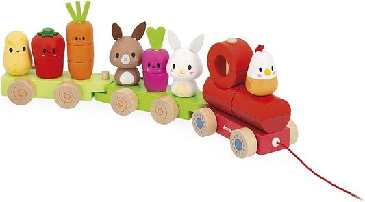 Janod - Wooden Pull-Along Train - Farm Theme - 3 Wagons and 19 Pieces - Early Learning Pull-Along Toy - Wood and Water-Based Paint - Develop Fine Motor Skills - from 12 Months, J03314