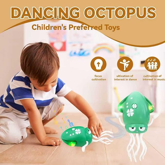 Dancing Octopus Baby Toy – USB Rechargeable Electric Crawling Tummy Time Toy, Magical Musical Squid with LED Lights, Music & Obstacle Avoidance – Birthday Gift for Kids Ages 3Y+ (Green)