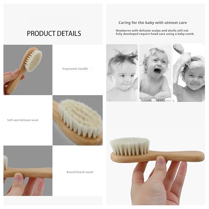 2-pcs Natural Goat Hair Baby Hair Brush - Hypoallergenic & Soft Wooden Handle for Delicate Scalp Massage & Relaxation - Perfect for Newborns & Toddlers”