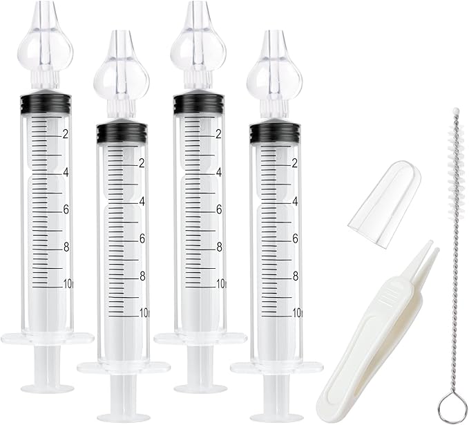 Aolso Baby Nasal Irrigator, 4PCS Nasal Syringe for Baby, Syringe Nasal Irrigator with Tweezers & Cleaning Brush, Baby Nasal Aspirator with Silicone Nasal Suction Tips Portable Baby Nasal Syringe