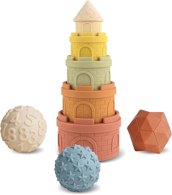 Baby Stacking Cups & Sensory Ball Set, Textured Sensory Toys for Babies, Soft Castle Nesting Blocks, Newborn Teether & Bath Toys 6-12 Months, 8 PCS Montessori Learning Gifts for Toddlers 1-3