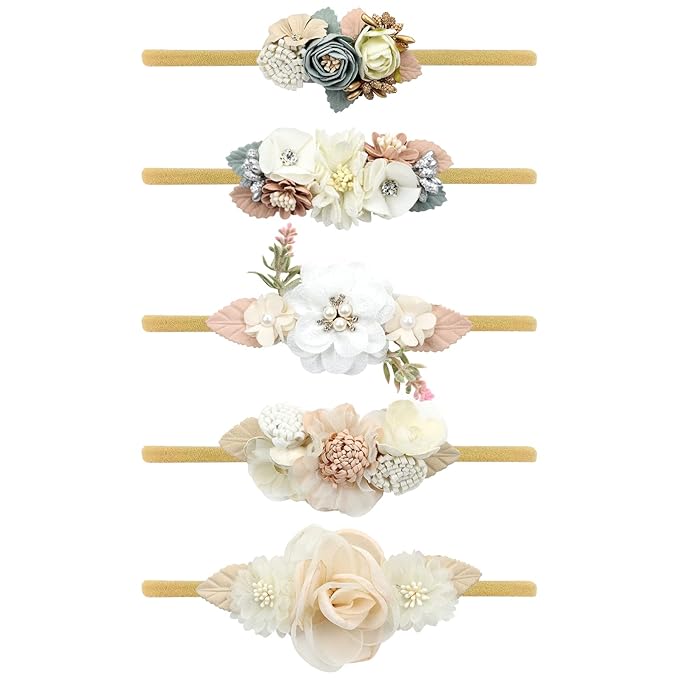 Cinaci 5 Pack Delicate Floral Flower Nylon Headbands Hair Bands Accessories for Baby Girls Newborns Infants Toddlers Kids (5 Pack S5)
