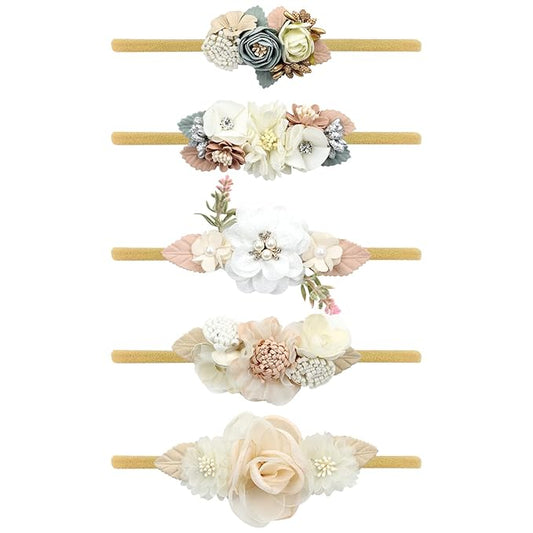 Cinaci 5 Pack Delicate Floral Flower Nylon Headbands Hair Bands Accessories for Baby Girls Newborns Infants Toddlers Kids (5 Pack S5)
