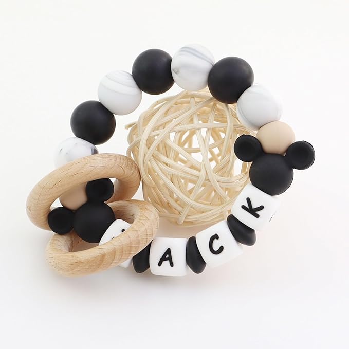 Personalized Baby Teether Rattle with Name - Custom Wooden Teething Toy for Boys & Girls - Handmade Mouse Keepsake Baby Shower Gift (Black)