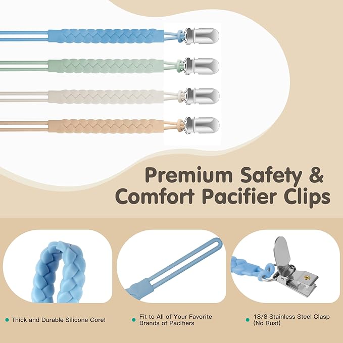 Silicone Pacifier Clips for Baby Boys and Girls, Woven Rope Flexible Design, Pacifier Holders for Teething Relief and Baby Essentials, Safe for Newborns (6 Pack)